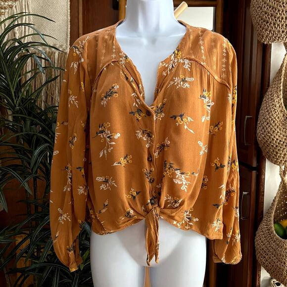 Vintage Rewind Y2K Floral Tie Front Blouse L Boho Hippie Festival Crop Top Retro - Picture 1 of 8